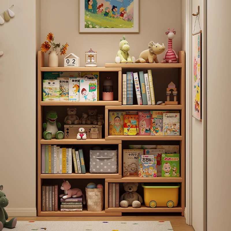 实木书架一体靠墙书柜储物柜窄柜幼儿园绘本收纳架走廊过道置物架