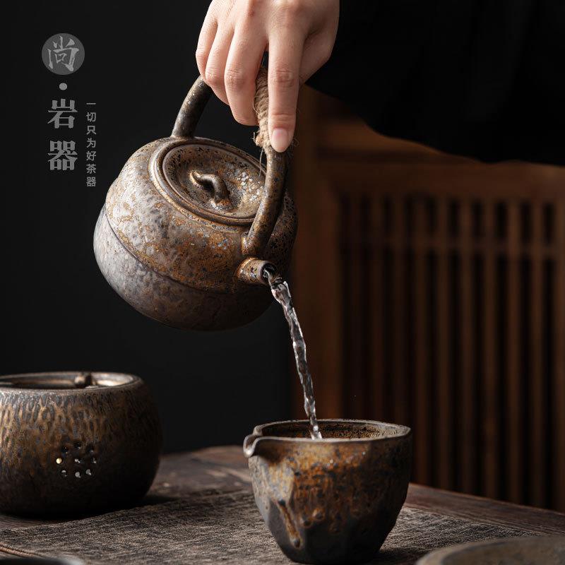 复古粗陶陶茶茶壶提梁壶家用瓷966壶仿单古做旧陶壶大号带过滤泡