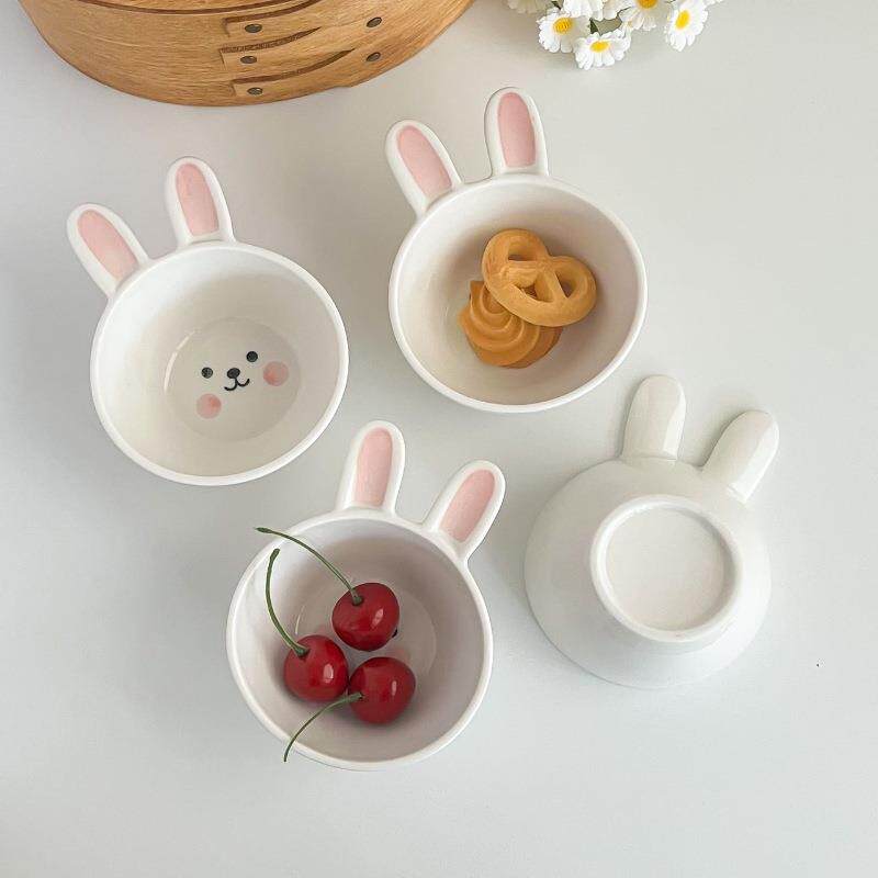 儿童蒸蛋碗陶瓷辅食碗釉下彩可爱兔子小吃碗火锅酱料小碗手柄碟子