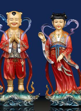 金童玉女佛像善财童子龙女铜像台湾鎏金纯铜童男童女一对黄铜摆件