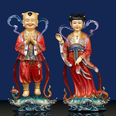 金童玉女佛像善财童子龙女铜像台湾鎏金纯铜童男童女一对黄铜摆件