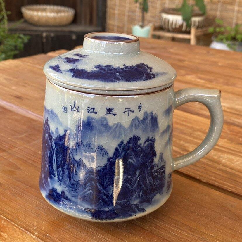 景德镇青花瓷千里江山泡茶杯茶水分离杯过滤内胆办公杯陶瓷水杯子