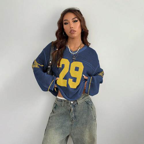 Digital printed knitted sweater with V-neck hollow out