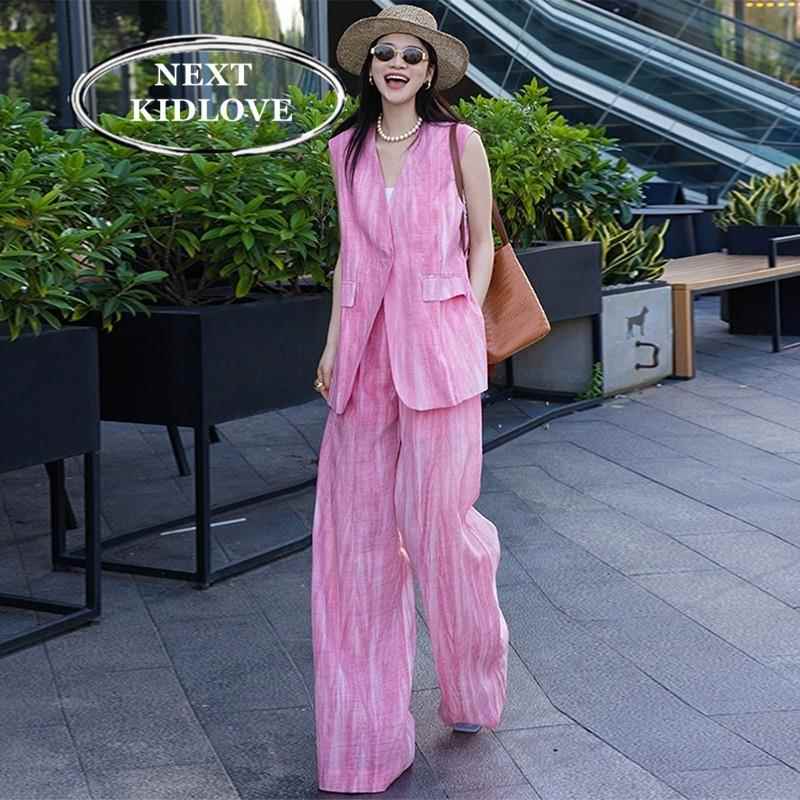 香港粉色气质西装背心阔腿裤两件套女时尚超好看2025夏一整套穿搭