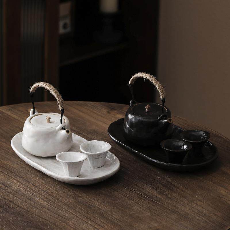 新中式陶瓷提梁壶2杯套装茶杯粗陶家用茶壶粉引壶承茶具小套装