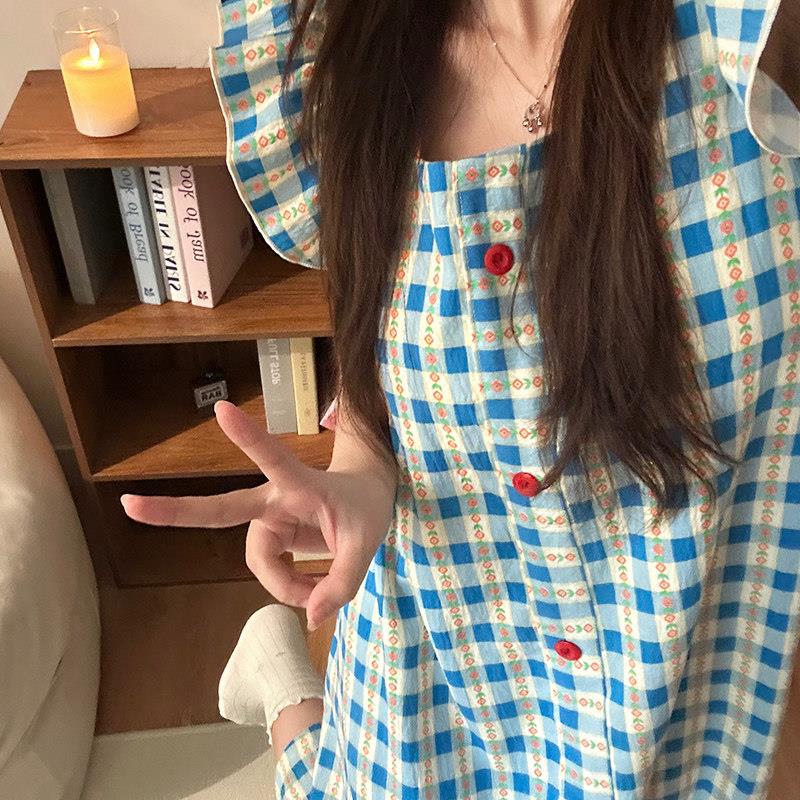 2024新款1/4吋套筒扳手袖蓝格女士睡裙夏季天带胸垫防凸点睡衣家