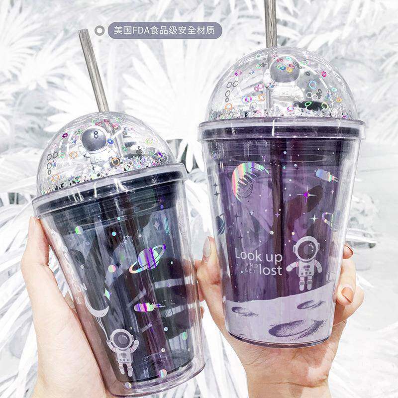 星际漫游双层吸管杯创意礼品宇航员塑料杯子儿童可爱水杯
