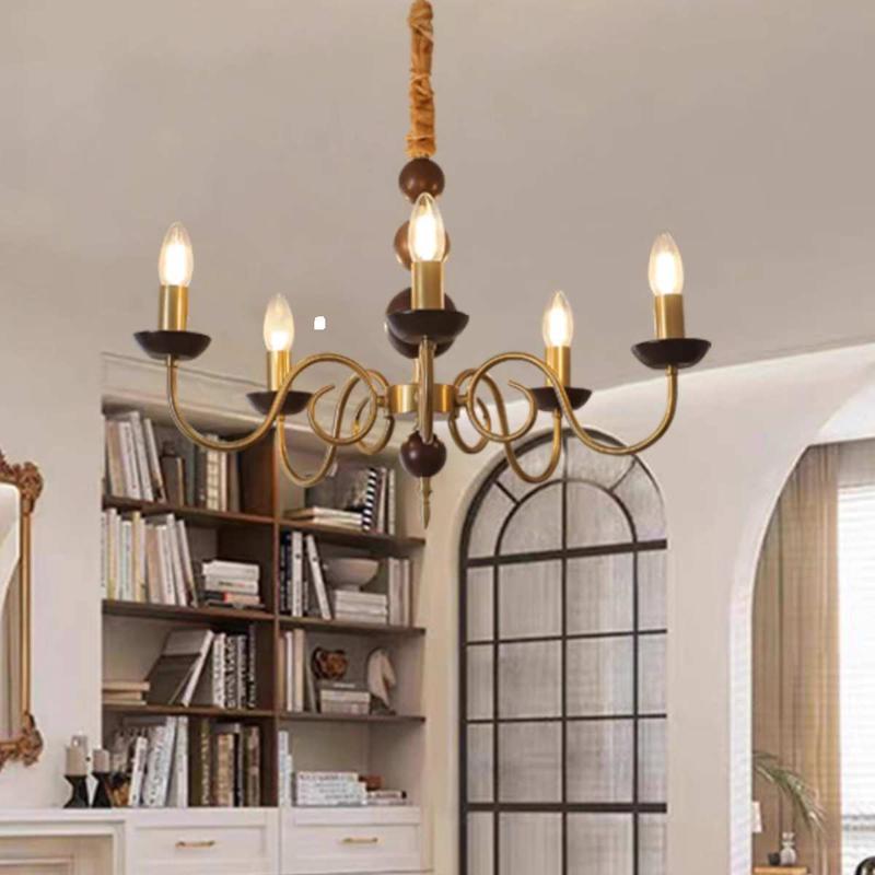 美式蜡烛吊灯法式中古风客厅餐厅卧室灯胡桃木色实木美式风书房灯