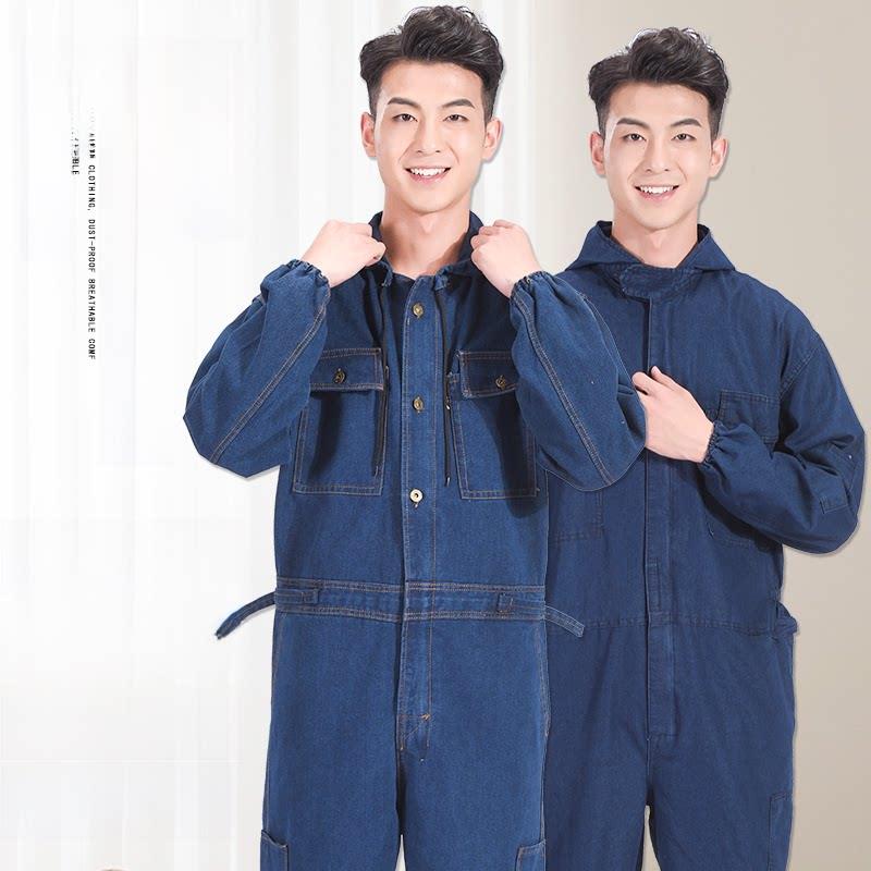 牛仔连体工作服男劳保服喷漆一体耐磨打磨防尘工地防护服连体衣薄