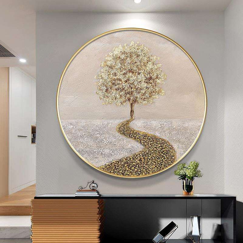 大芬油画发财树装饰画油画轻奢玄关客厅餐厅入户现代简约圆形挂画