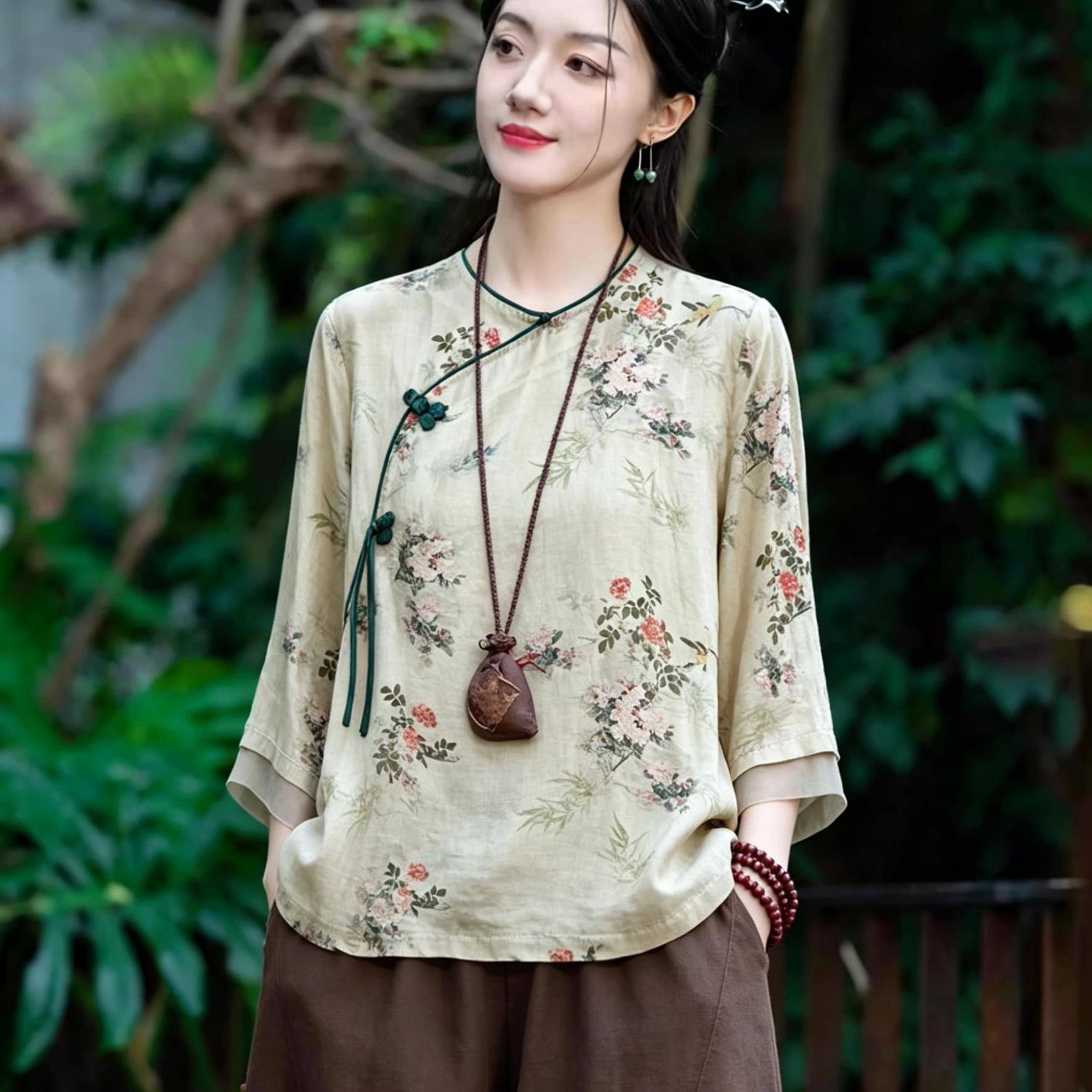 新品复古新中式盘扣斜襟苎麻衬衫女老钱风七分袖宽松文艺国风禅意