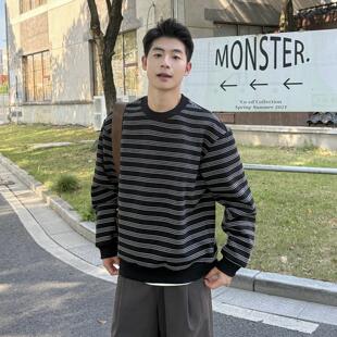 420g重磅黑色圆领条纹长袖卫衣男生2025新款秋季休闲宽松上衣外套