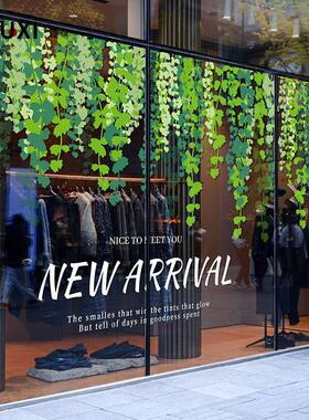 绿叶帘幕玻璃贴纸装饰布置服装店橱窗隔断推拉门夏日氛围静电无胶