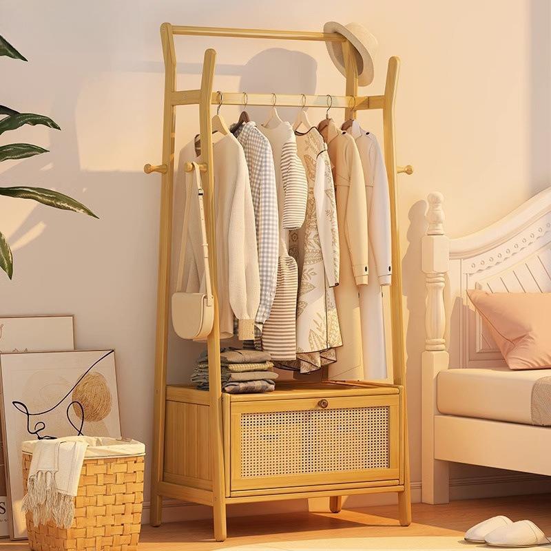实木加粗挂衣架室内VTJ落地衣架架新式衣帽架带中置物抽屉卧室收