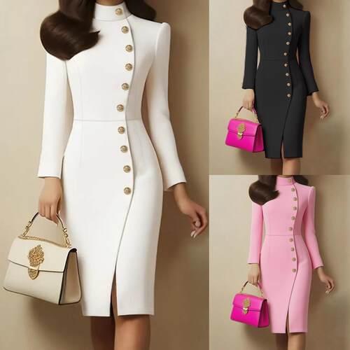 Women's long sleeved stand up collar metal buckle slit