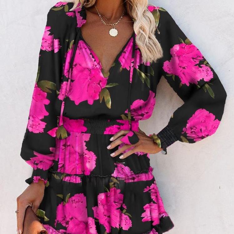elastic Tie-dyed V long-sleeved pullover deep sexy lace-up