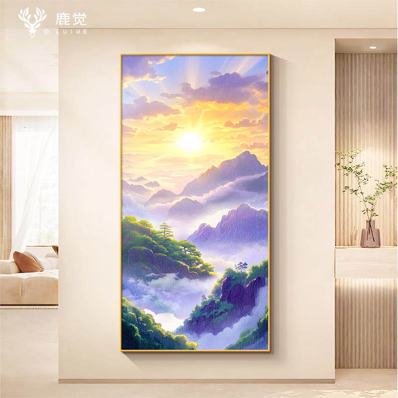 日出东方挂画玄关装饰画入户正对门高档紫气东来客厅走廊过道壁画