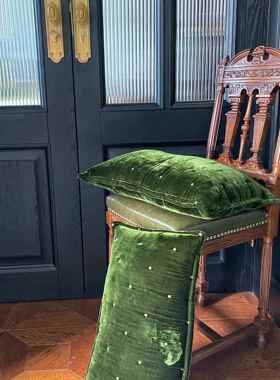 LIVINGBANK复古绿丝绒靠枕ins设计师款椅垫民宿小众绗棉盖毯腰枕