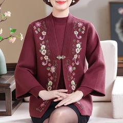中老年妈妈秋冬两件套针织开衫加肥加大码女装喜婆婆婚宴绣花外套