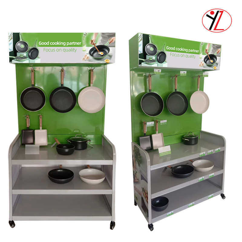商超超市厨房用具货架平底锅展架厨具展示架促销陈列架带广告灯箱