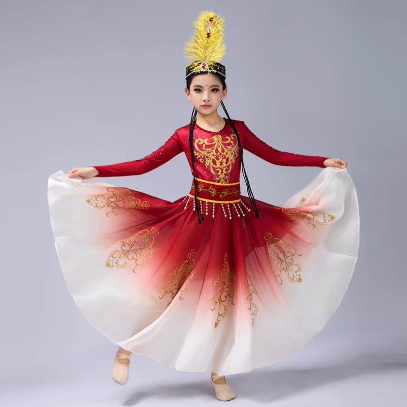 正品儿童新款维吾尔族裙石榴红疆了连衣裙服新舞蹈演族出服民维族