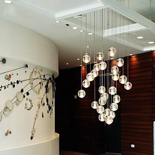 楼梯代水晶吊灯灯简约现客厅厅玻璃球灯美式流212星雨吊灯创意餐