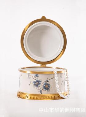 美式陶瓷配铜孔雀描金装饰盖盒首饰盒摆件 室内客厅茶几软装饰品