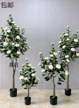 仿真茶玫花树假茶树小型盆栽植物室内客厅装饰盆景落地绿植摆件