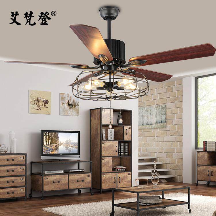 Loft工业风扇灯吊扇灯 复古美式餐厅家用LED带电扇吊灯木叶遥控