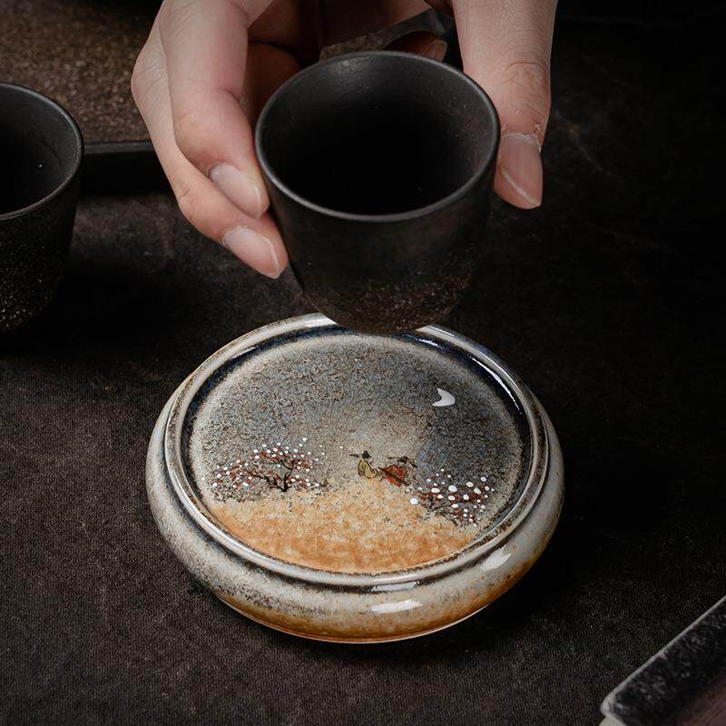 手绘杯垫柴烧陶瓷杯托家用茶具茶垫品茗 杯仿烫隔热垫茶道配件