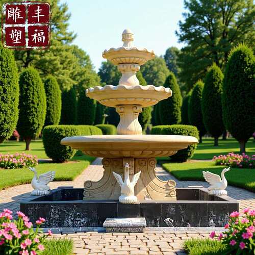 黄锈石石雕喷泉大型花岗岩动物天鹅流水喷泉小区石材喷泉流水雕塑