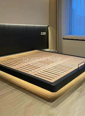 榉木带灯无床头悬浮收纳床1.2米主卧双人床1.8m榻榻米2x2.2米皮床