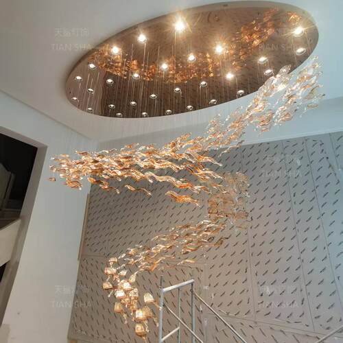 轻奢别墅复式楼楼梯吊灯个性艺术扭叶玻璃吊灯餐厅客灯工程灯