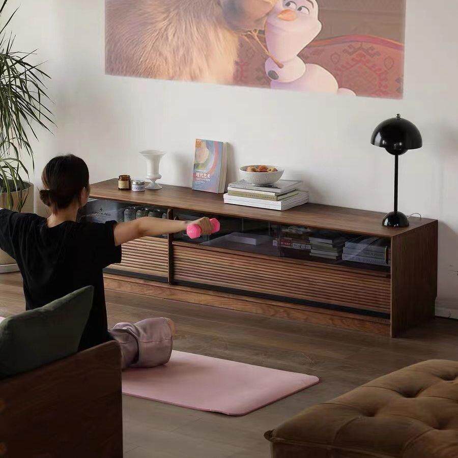 北欧黑胡桃全实木电视柜地柜复古落地柜简约复古玻璃储物柜客厅