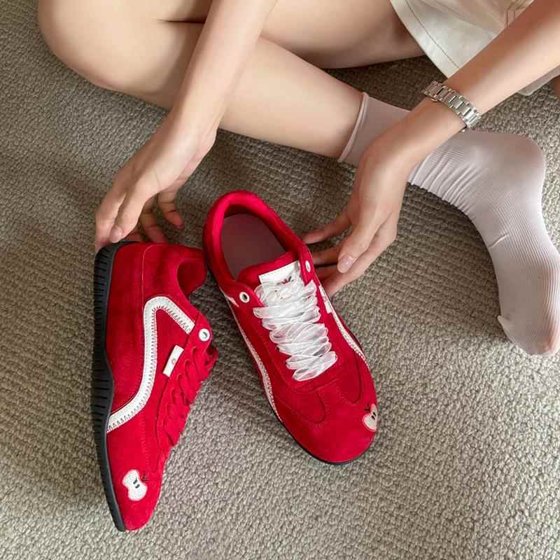 苹果鞋真皮红色赛车德训鞋女2025新款网面透气阿甘鞋运动休闲鞋