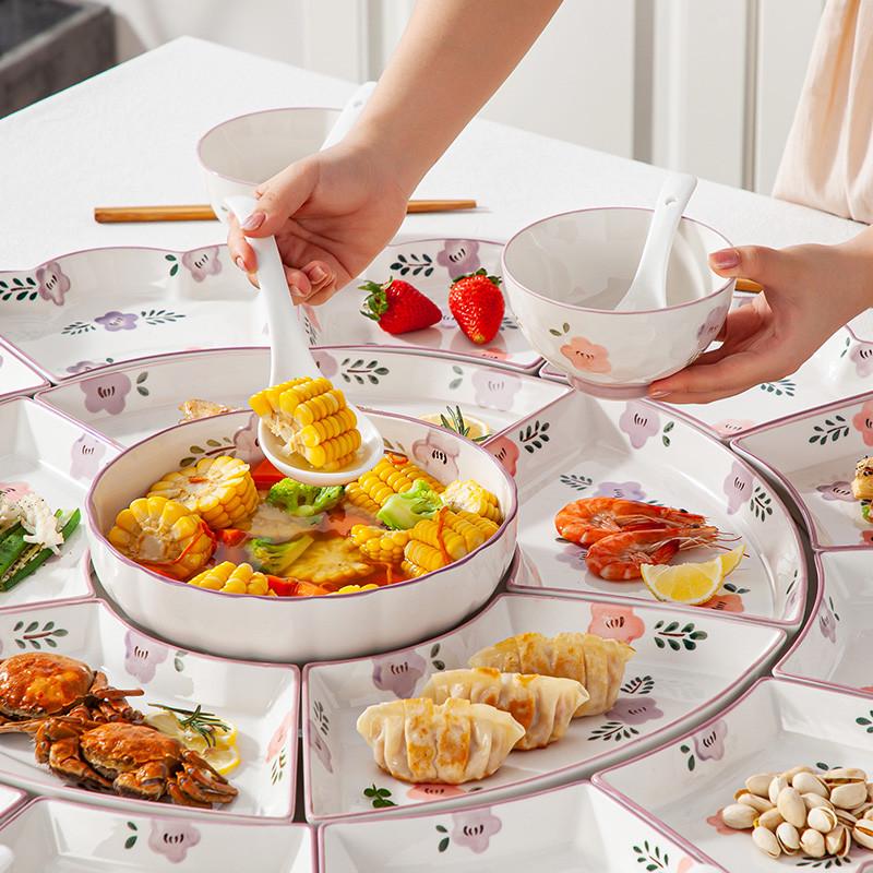 紫萱花陶瓷团圆拼盘餐具组合套装家用乔迁新居圆桌年夜饭盘子菜盘