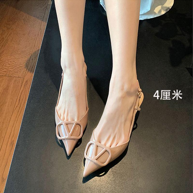 裸色法式尖头V扣细跟高跟鞋女2025年新款夏季单鞋后空包头凉鞋女