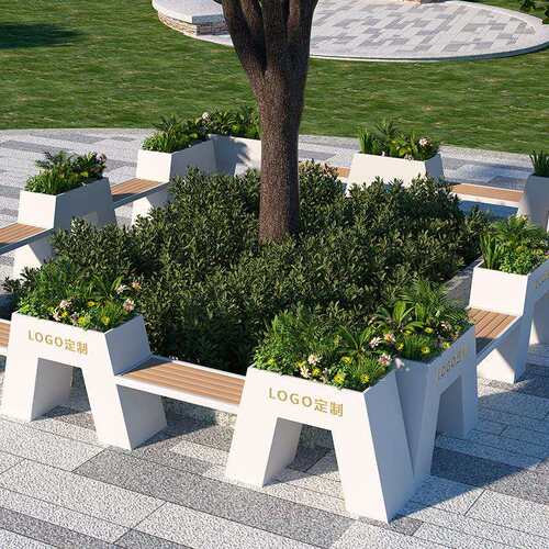 售楼部户外花箱花槽铁艺不锈钢带凳子花坛组合市政景观工程