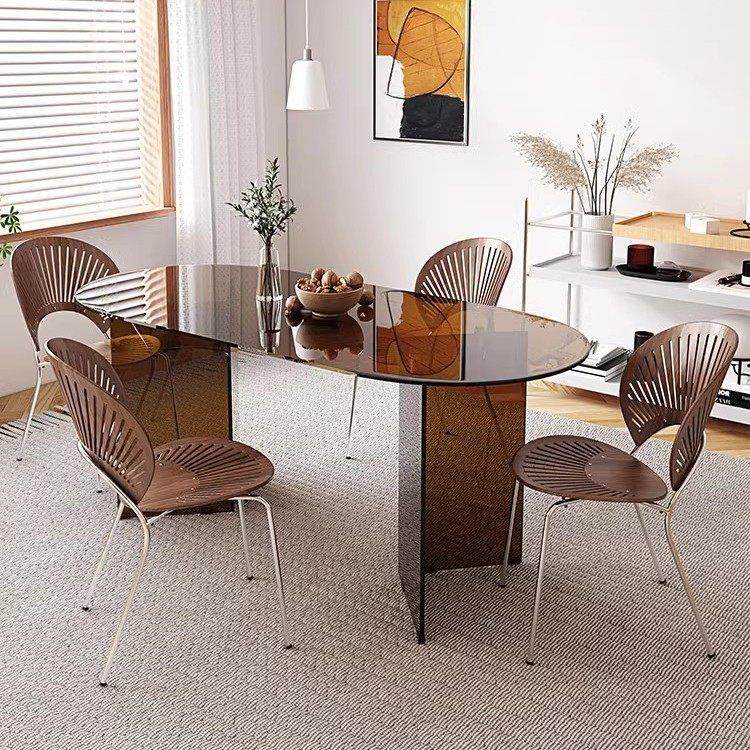 侘寂风钢化玻璃餐桌椅组合家用极简压克力椭圆形网红岛台洽谈桌子,住宅家具,玻璃餐桌,淘宝优惠券,粉丝福利购,淘宝优惠卷