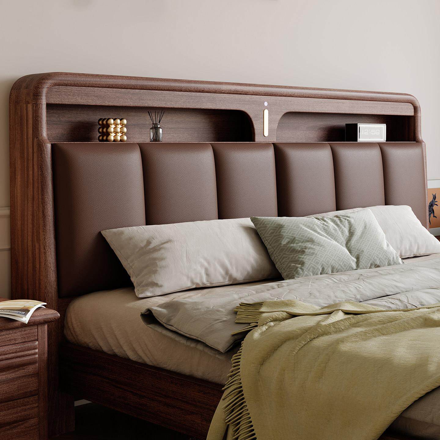 实木床胡桃木床1米8双人床主卧2米x2米2大床新中式2025新款软包床