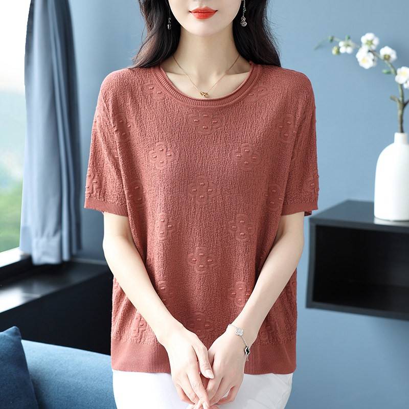 中年妈妈夏季桑蚕丝短袖t恤女宽松加肥大尺码洋派薄冰丝针织上衣
