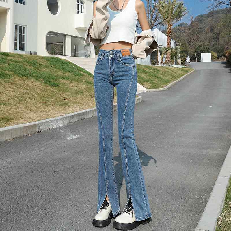 前开叉喇叭牛仔裤女百搭设计感小众紧身弹力直筒高腰微喇长裤子潮