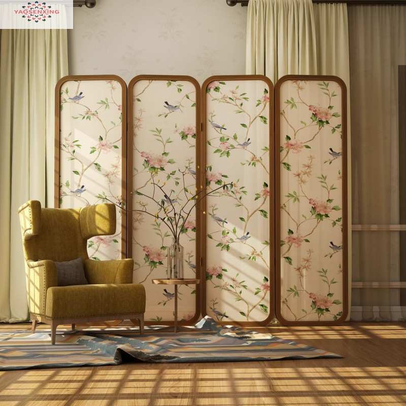 欧式屏风隔断客厅餐厅卧室实木玄关折叠移动现代半透花鸟折屏简约