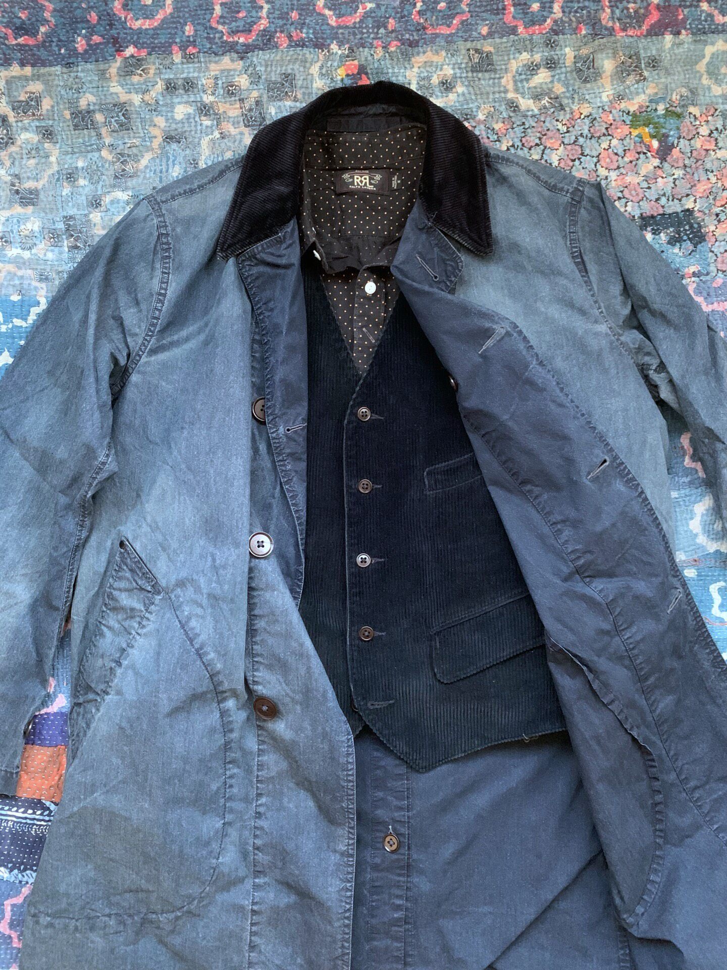 RRL Distressed Corduroy Collar Trench Coat