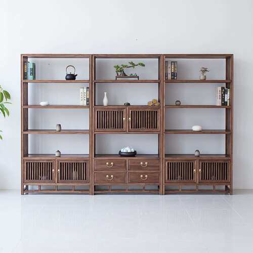 新中式博古架全实木书架展示柜茶室置物架多宝阁老榆木中式博古架