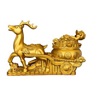 纯铜鹿摆件梅花鹿拉聚宝盆一路发财家居工艺品办公室装饰铜鹿拉车