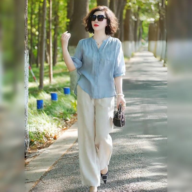 潮牌亚麻衬衫时尚套装女夏季休闲妈妈装棉麻中袖上衣阔腿裤两件套