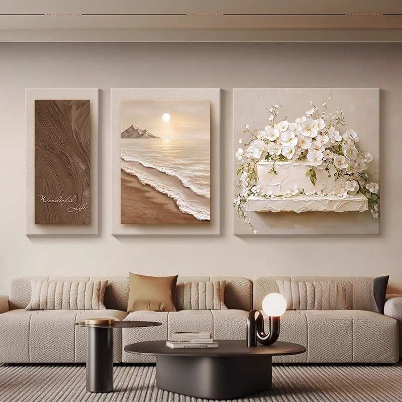 轻奢高级感客厅大白墙装饰画浮雕立体感沙发背景墙挂画花卉三联画图片