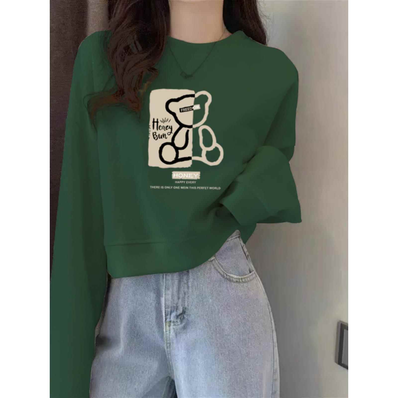 墨绿色短款卫衣女春秋薄款2025年秋冬新款小个子圆领加绒小熊上衣