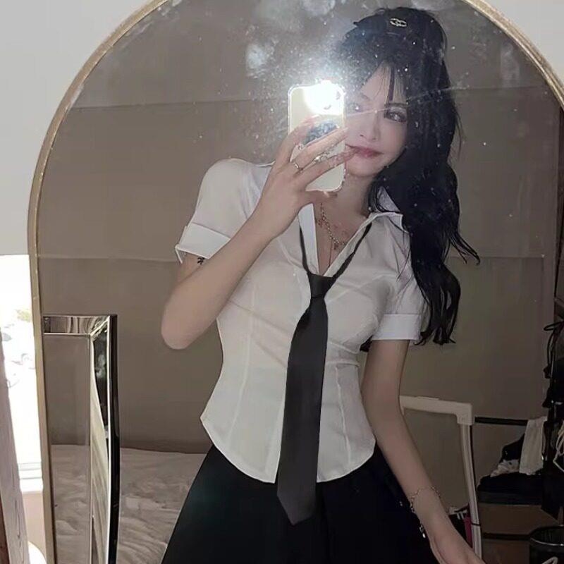 夏季领修身显瘦领带衬衫女装学院风短袖衬衫制服白色纯欲上衣